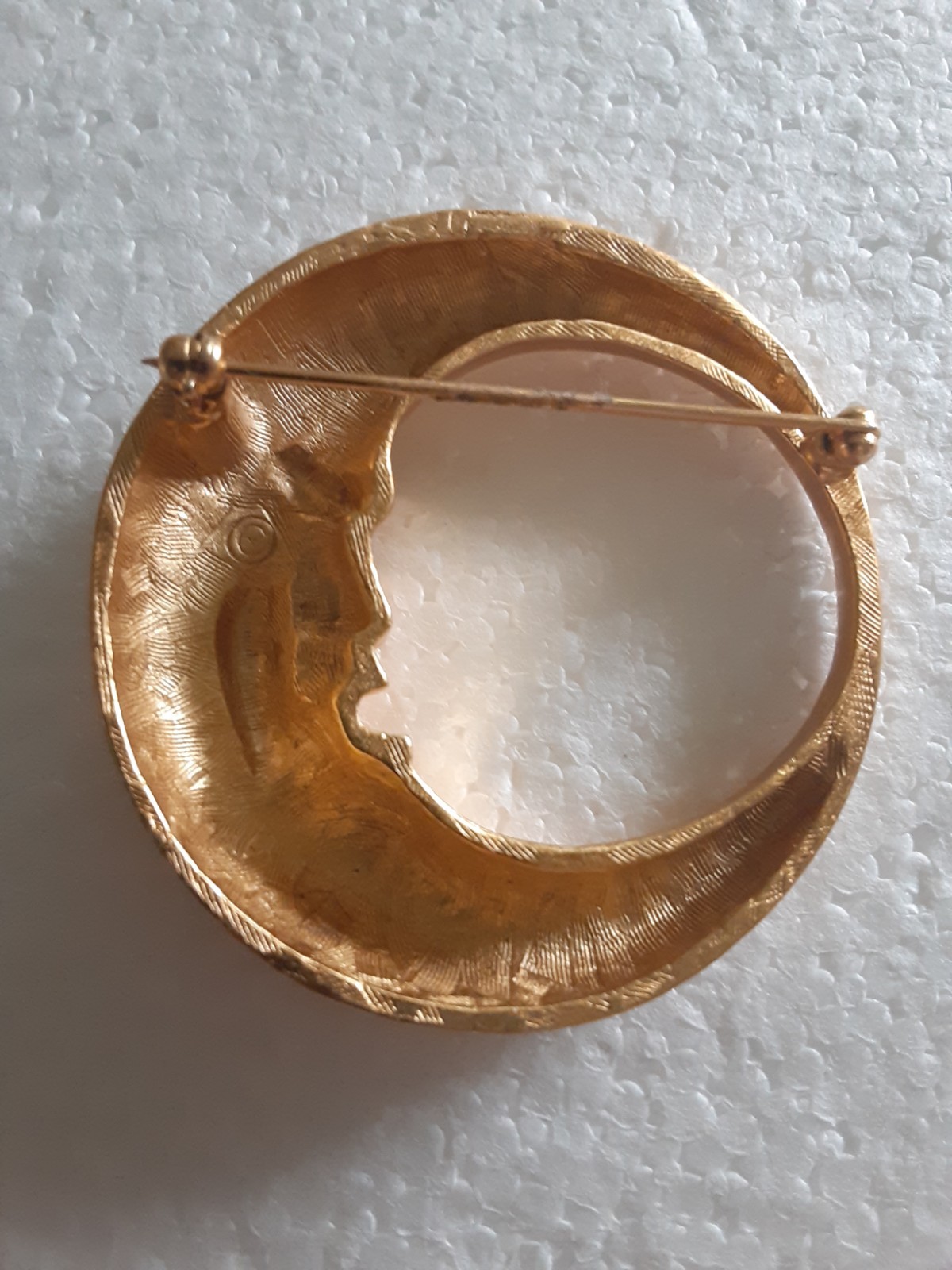 Vintage Crescent Moon Face Goldtone Brooch
