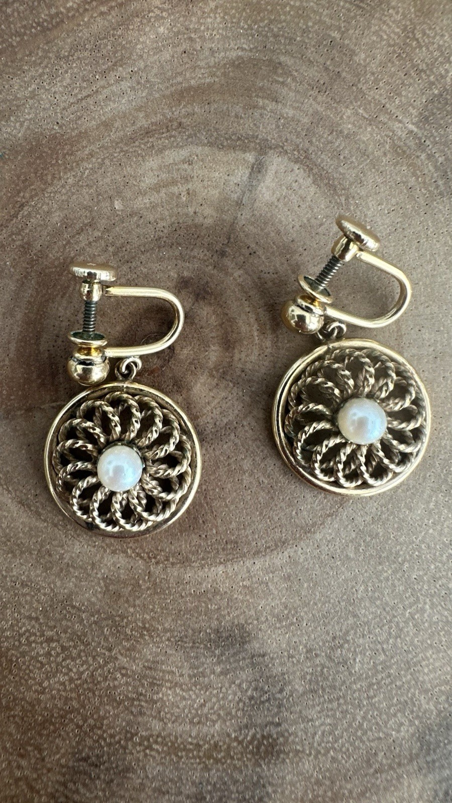 Vintage Faux Pearl 12k Gold Filled Screw Back Dangle Drop Round Earrings MCM