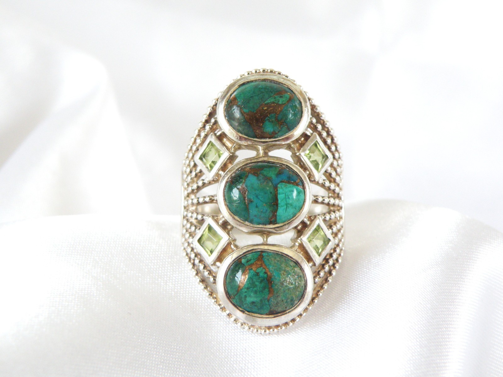 Sterling Silver 925 Large Chrysocola and Peridot Multi Stone Statement Ring 7