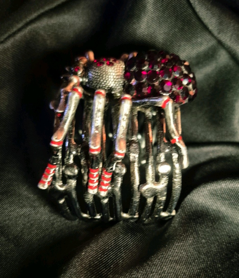 Vintage Spider Statement Ruby Red Rhinestones Silver Adjustable Cuff Bracelet