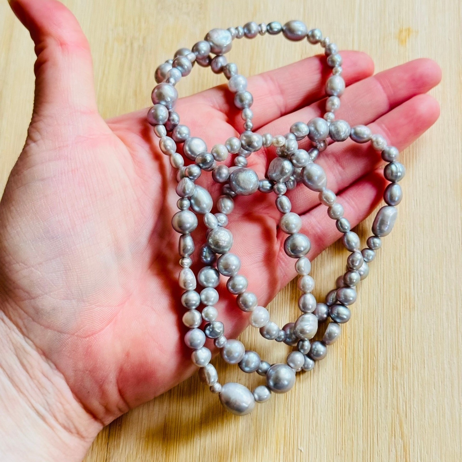 VTG Gray Baroque Freshwater Pearl beaded Necklace Authentic real strand 36″L