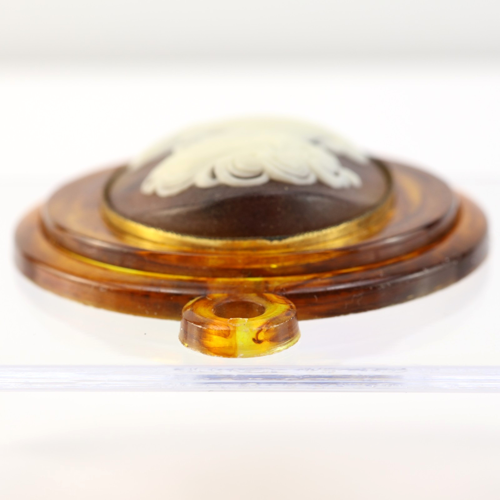 Vintage Amber Celluloid Faux Tortoise Cameo Pendant Women Floral Round Oval 59mm
