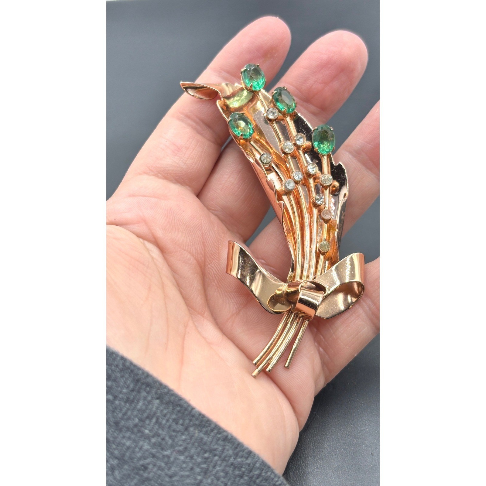 Vintage Coro Pegasus Sterling Silver Rose Gold Vermeil Green Floral Brooch 1940s