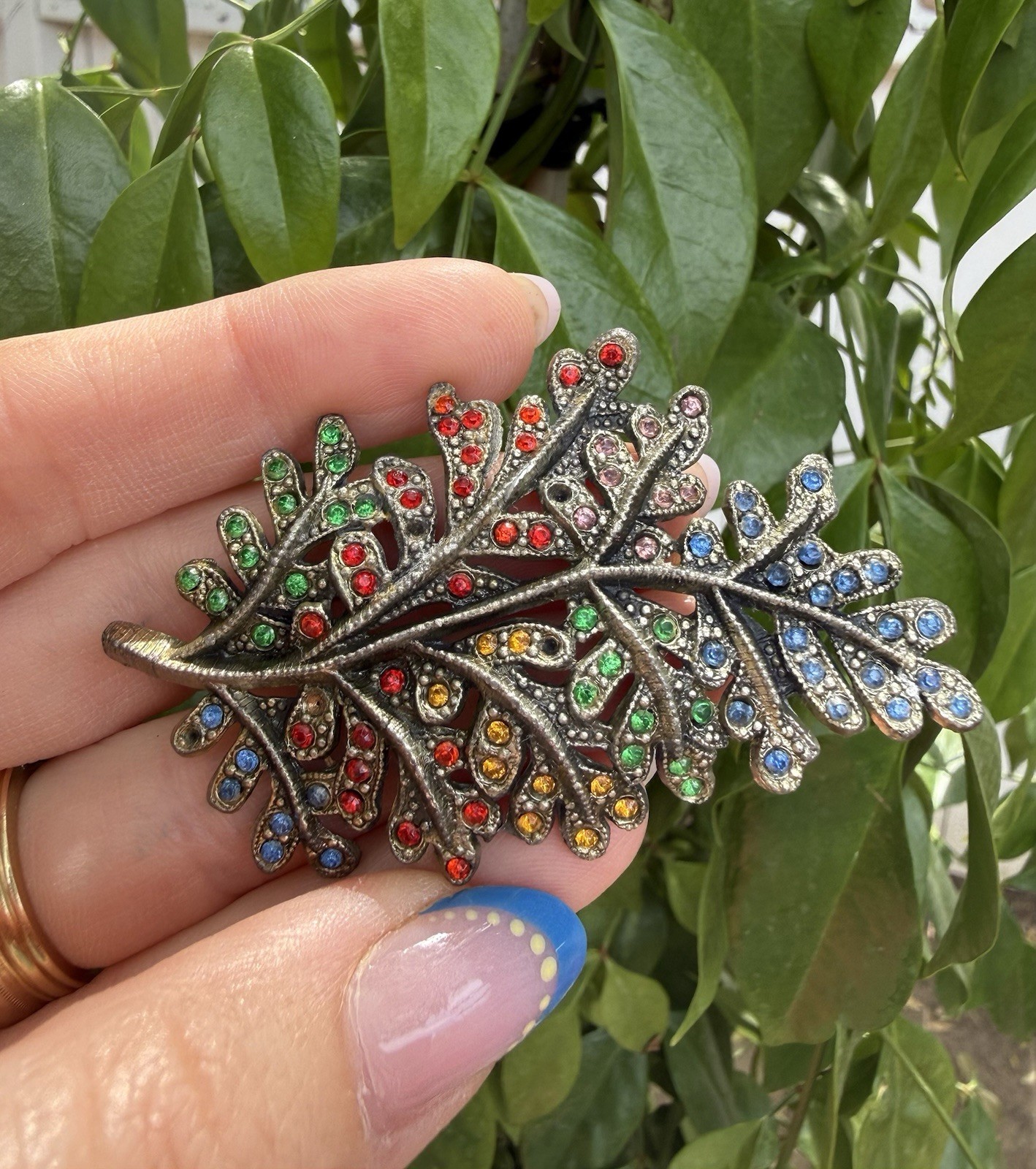 Little Nemo Brooch Leaf Rhinestones Red Blue Green Yellow Silver Tone 2.75”