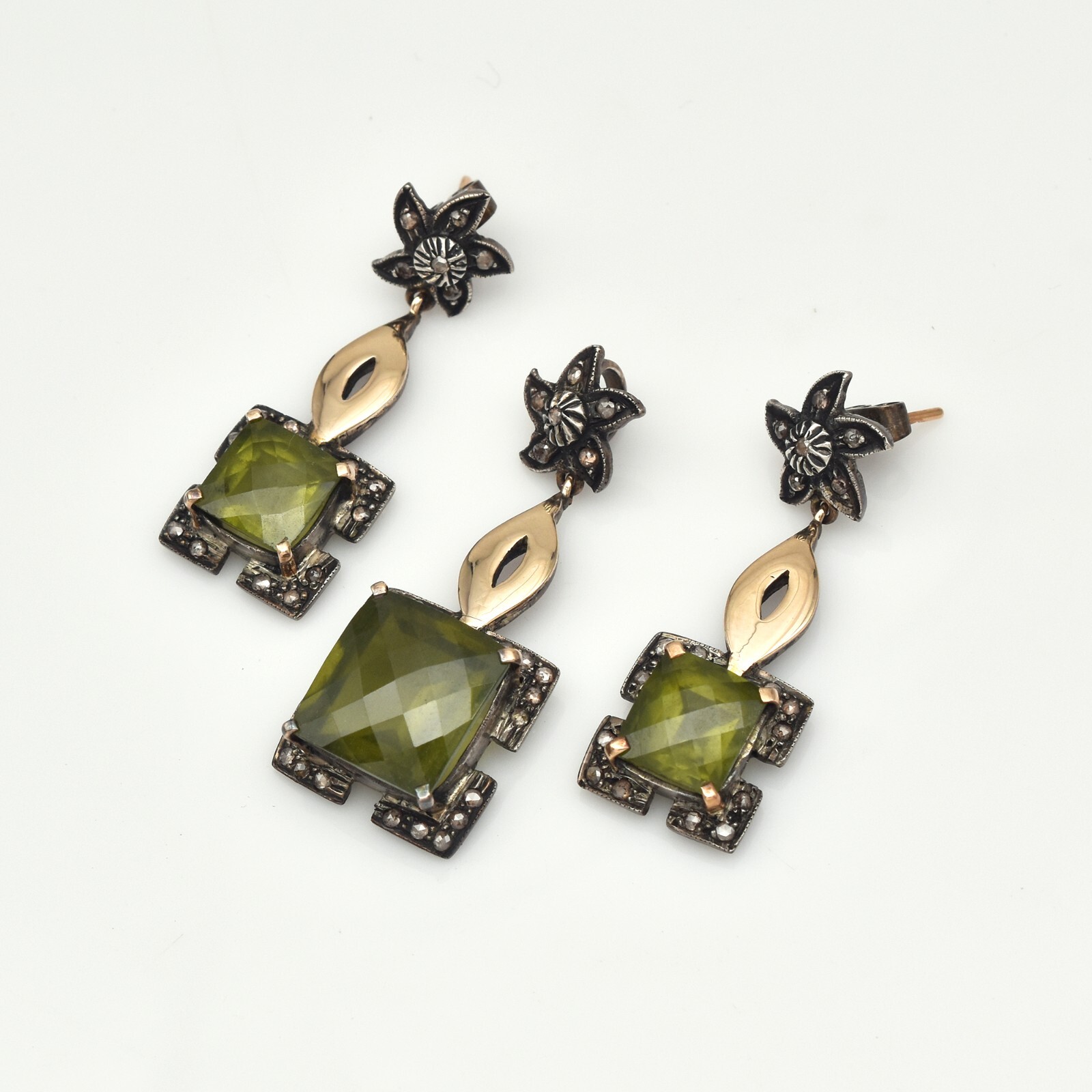 Certified Natural Green Vesuvianite Diamond 10ct Sterling Silver 18k Gold Set