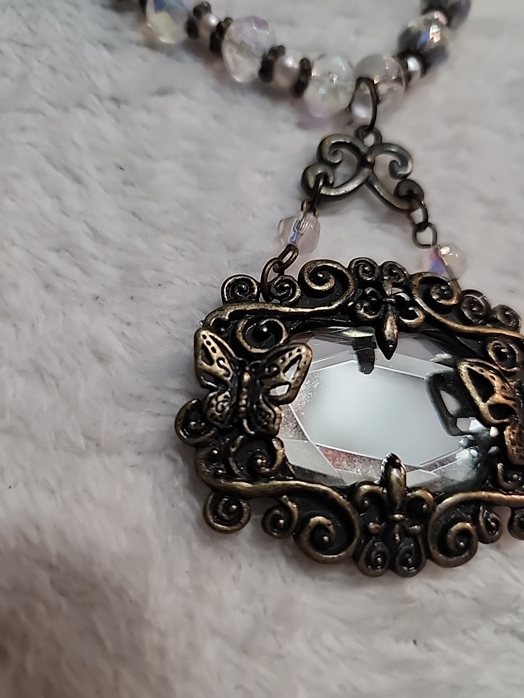 Fairycore Beaded Necklace w/ Mirror Pendant Bronze Color Plastic Beads