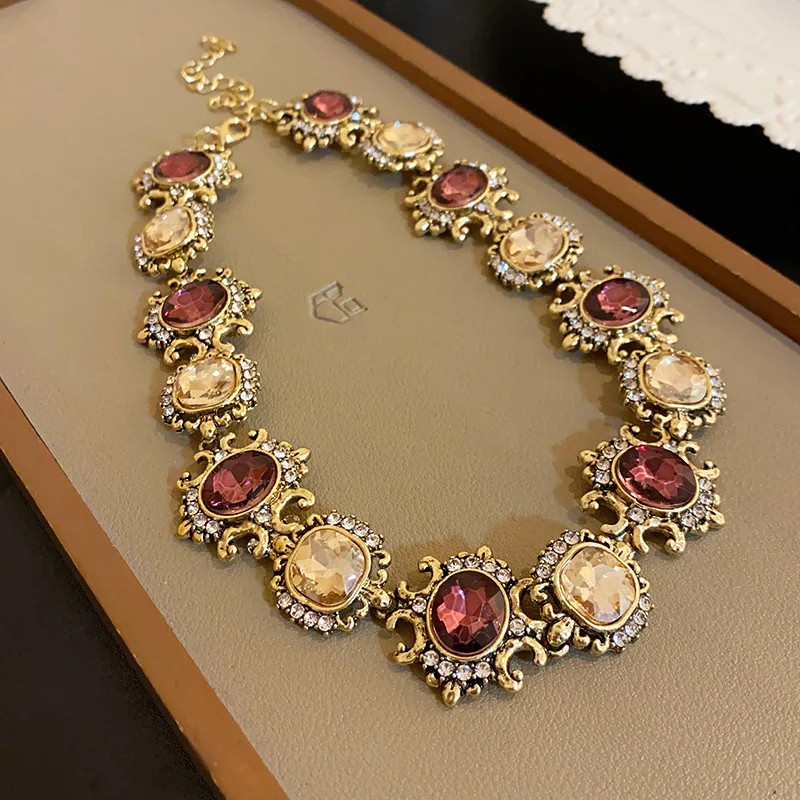 Vintage Purple Rhinestone Necklace Drop Earrings for Women Palace Style