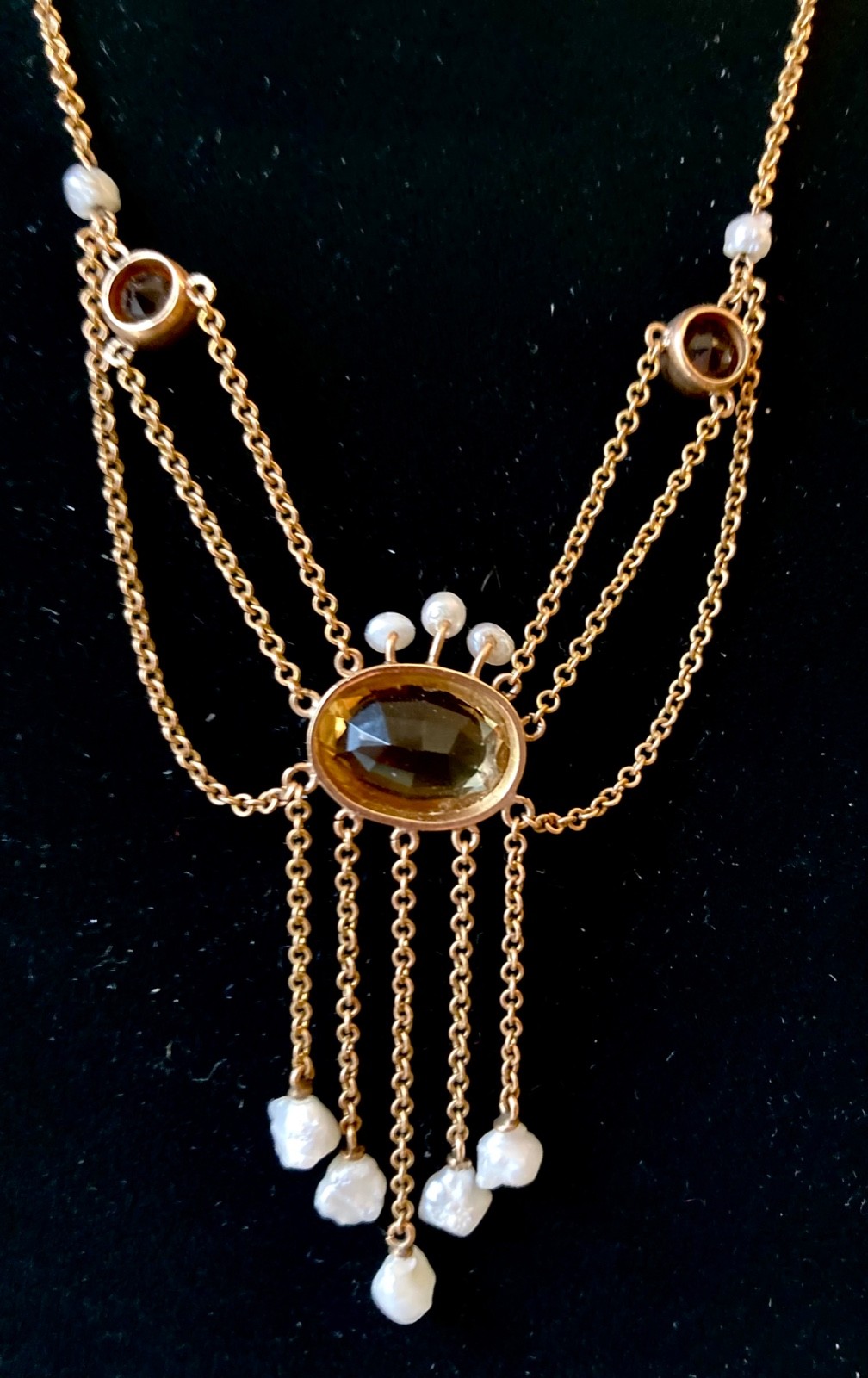 Antique Edwardian 14K festoon swag citrine & freshwater pearls necklace, c.1915