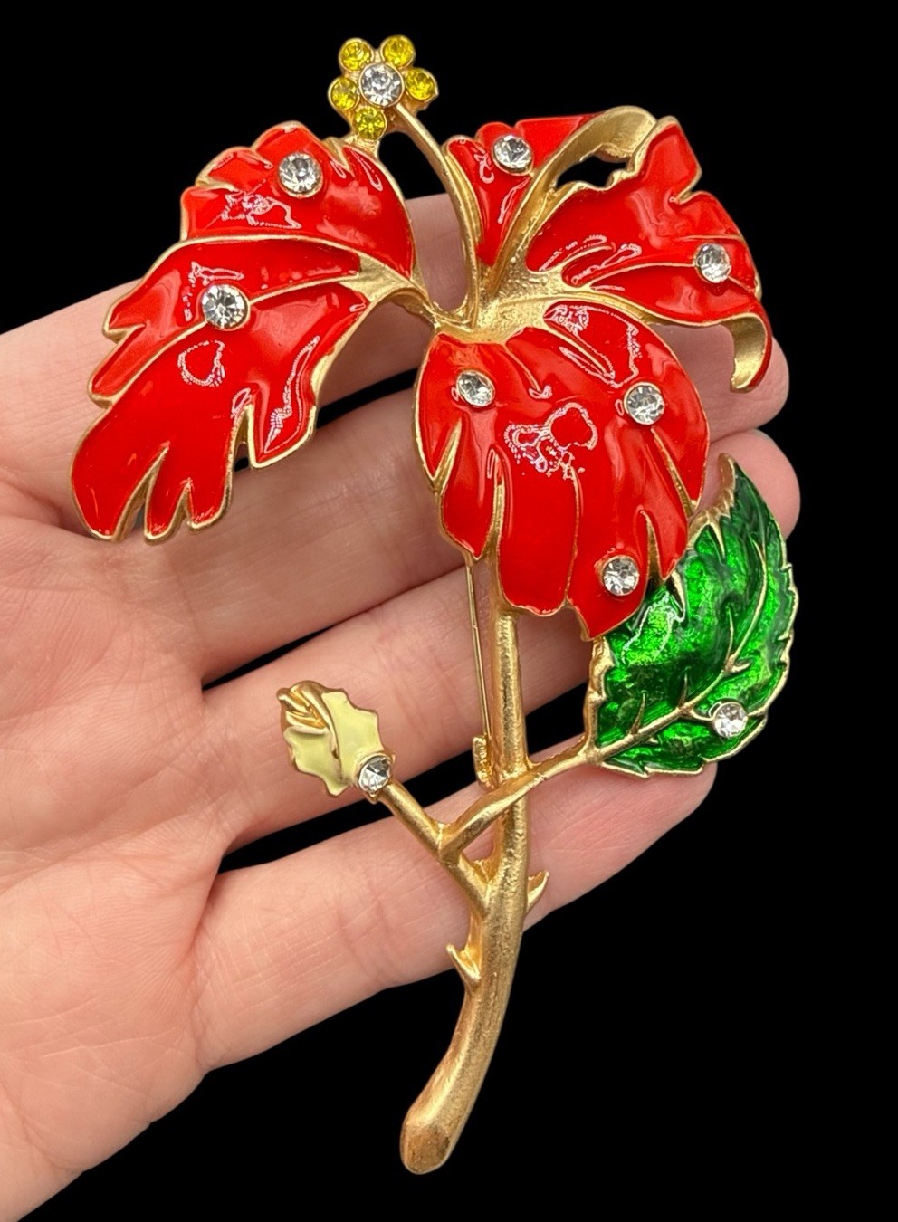 HUGE Flower Brooch Pin Gold Tone Rhinestone Red Enamel J20