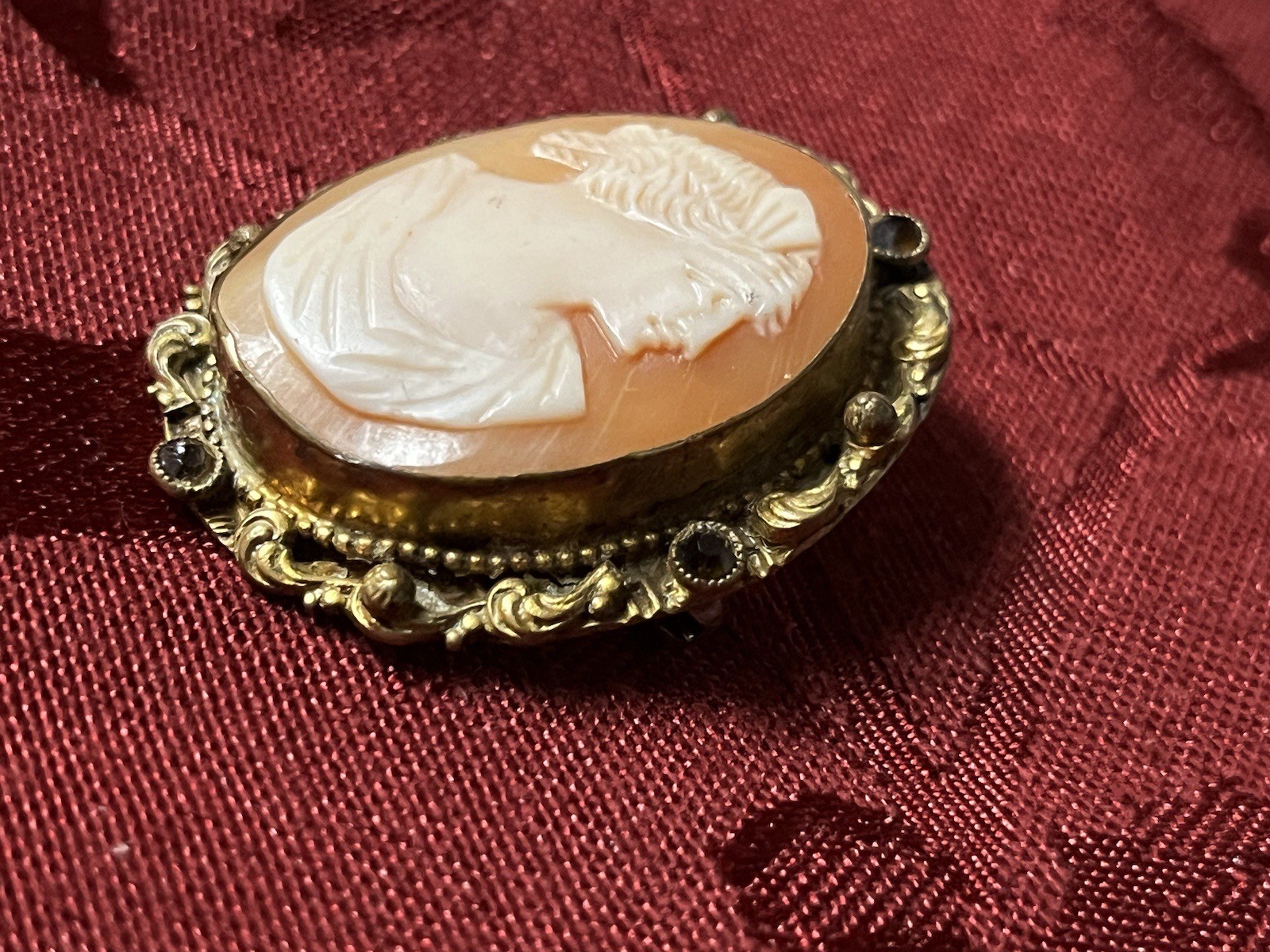2 Antique Shell Cameo Brooches Pins One Is Ornate & Bejeweled