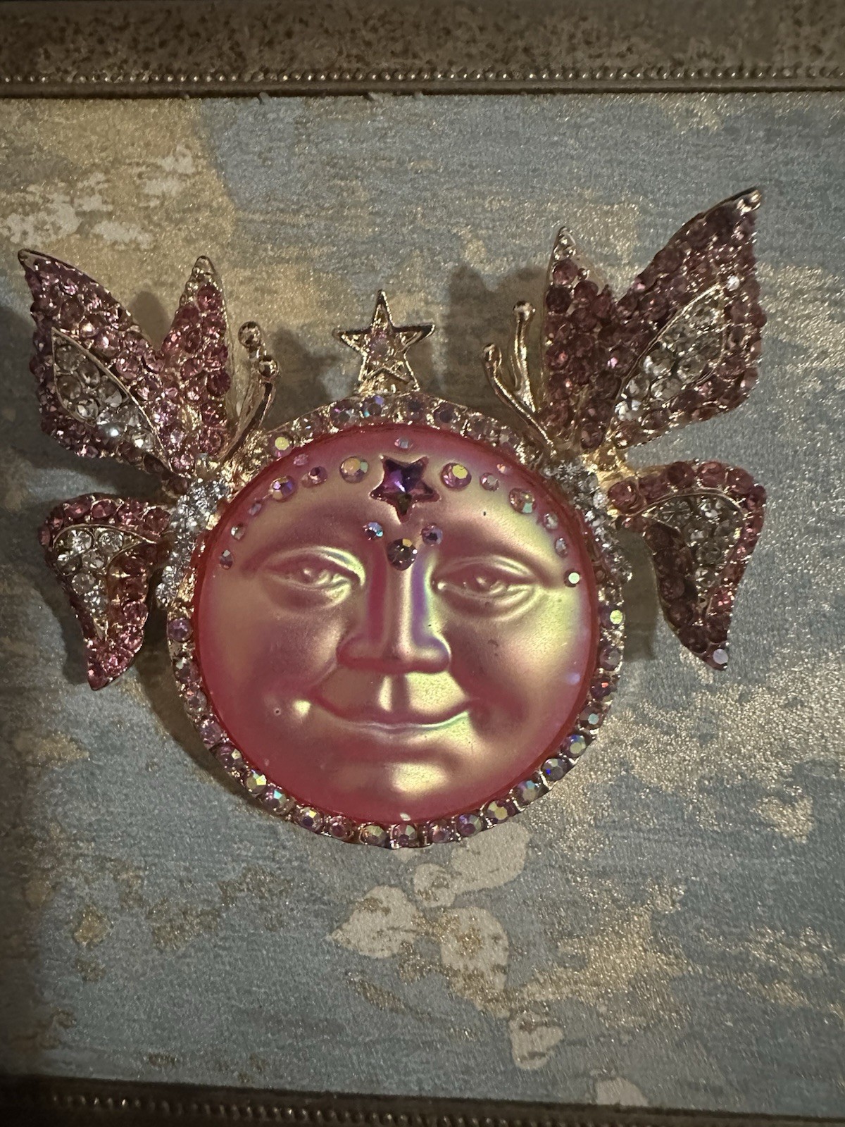 Pink Moon Glow Rhinestone Celestial Brooch