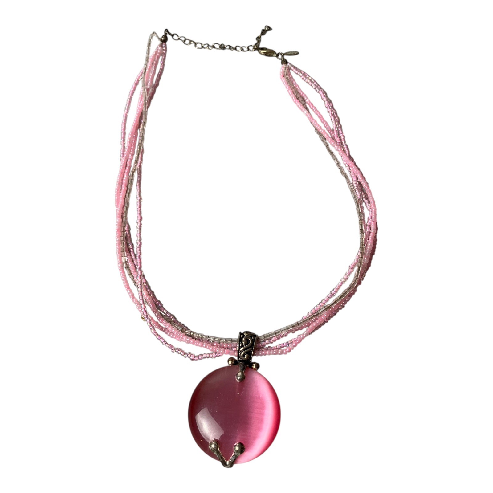 1980s VINTAGE JEWELRY Pink Moonstone Lucite Pendant Layer Bead Collar Necklace