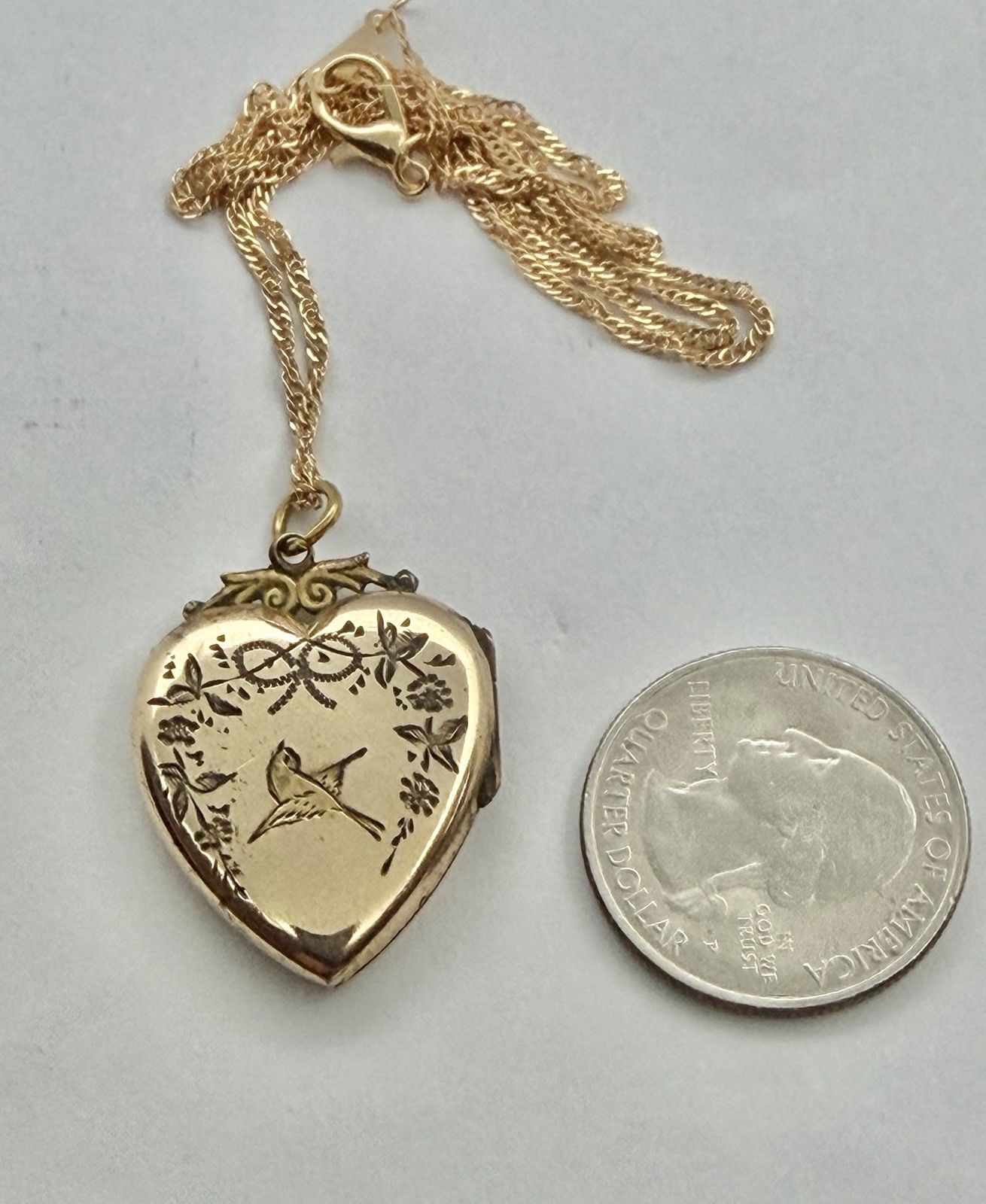 Victorian Aesthetic Movement Bird & Flower Vines Double Sided RG Locket Necklace