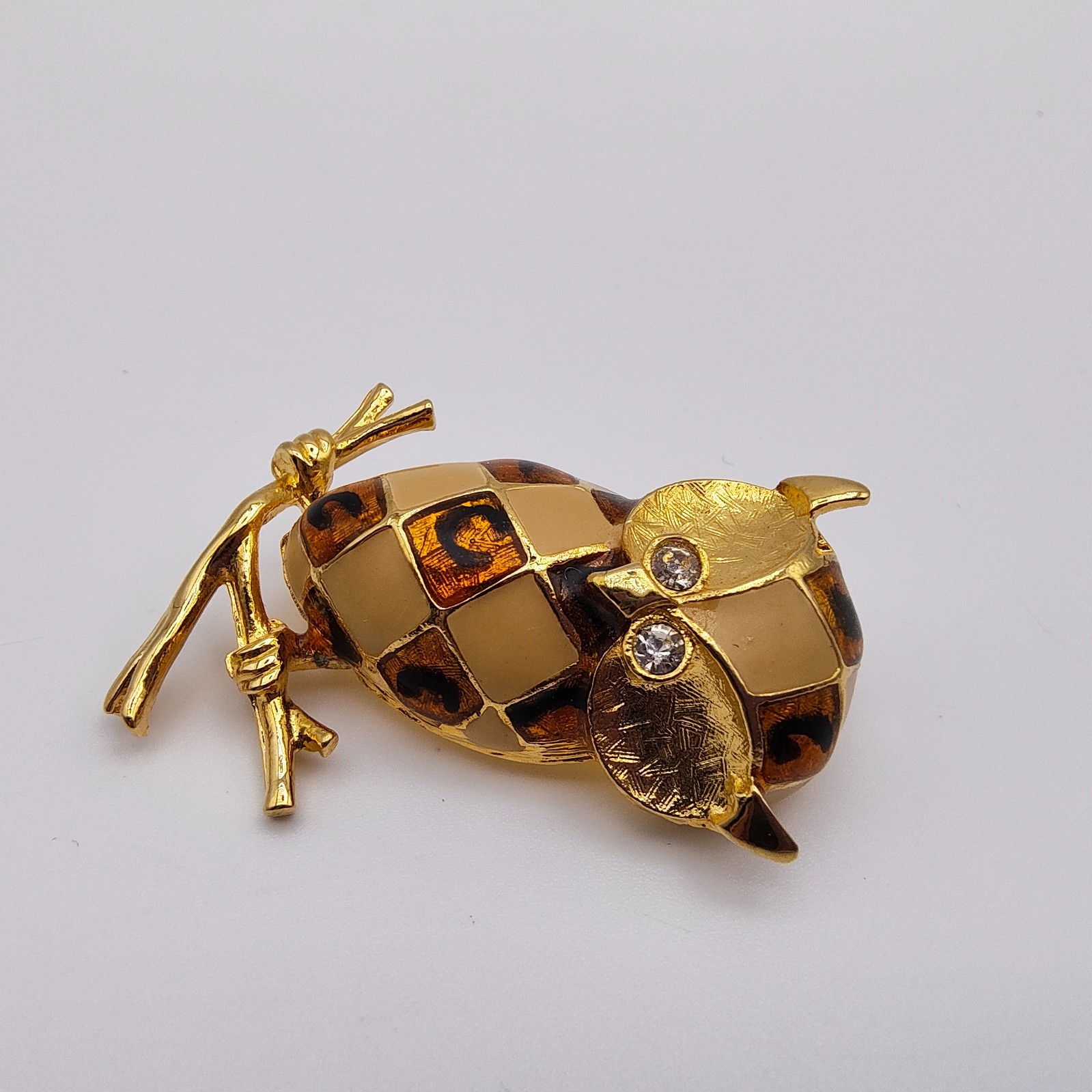 Vintage Owl Brooch Gold Tone Brown Tan Harlequin Enamel Rhinestone Eyes Retro