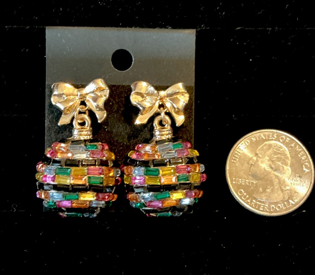 Vintage Glass Beaded Multi Color Gold Tone Holiday Ornament Drop Earrings-Rare!