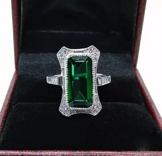 Art Deco Style Edwardian 5Ct Lab Created Emerald Wedding 14K White Gold FN Ring