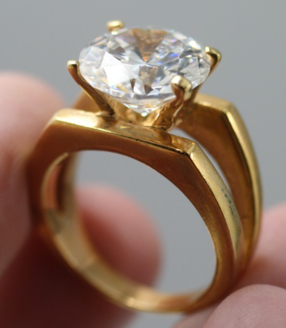 18K yellow gold plated large 12mm round clear stone double style band ring sz 8