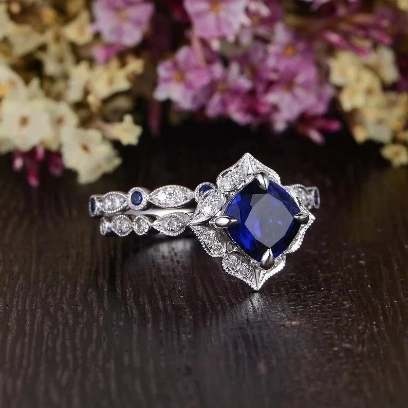 2.40CT Cushion Cut Real Blue Sapphire Vintage Wedding Halo Ring Set 925 Silver