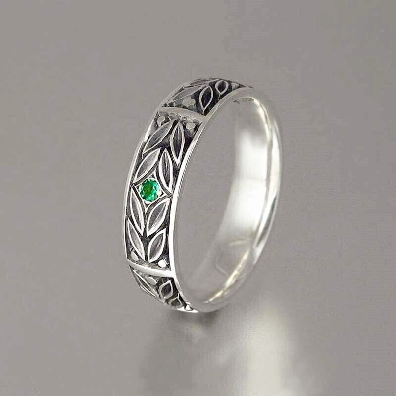 Silver Plated Retro Leaf Vintage Antique Birthday Band 1 Ct CZ Anniversary Ring