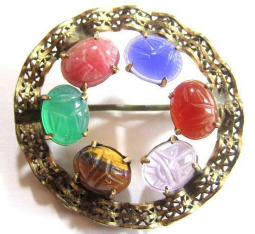 Egyptian Revival Gemstone Scarab Beetle Signed WRE 1/20 12K Gold Filled Pin