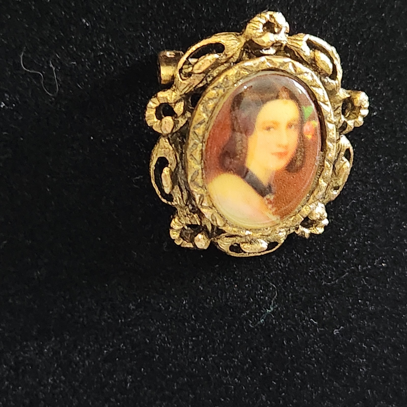 Vintage Not Signed Acrylic Printed Portrait Brooch Goldtone Framed Pin