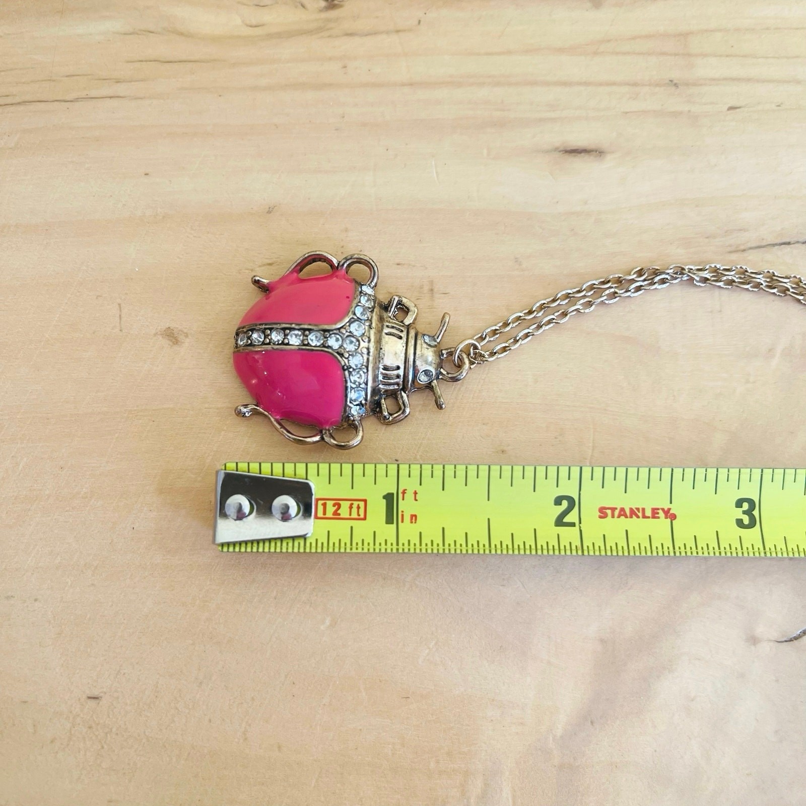 Scarab Beetle Pink-Coral Enamel Rhinestone Necklace Pendant Long Chain Charm