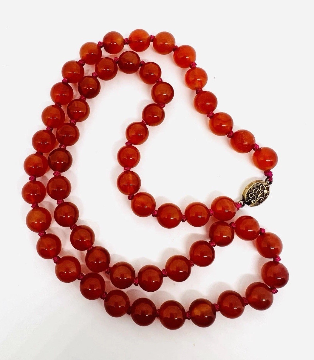 Chinese Export Sterling Silver Carnelian Beaded Necklace 25in Vintage Jewelry