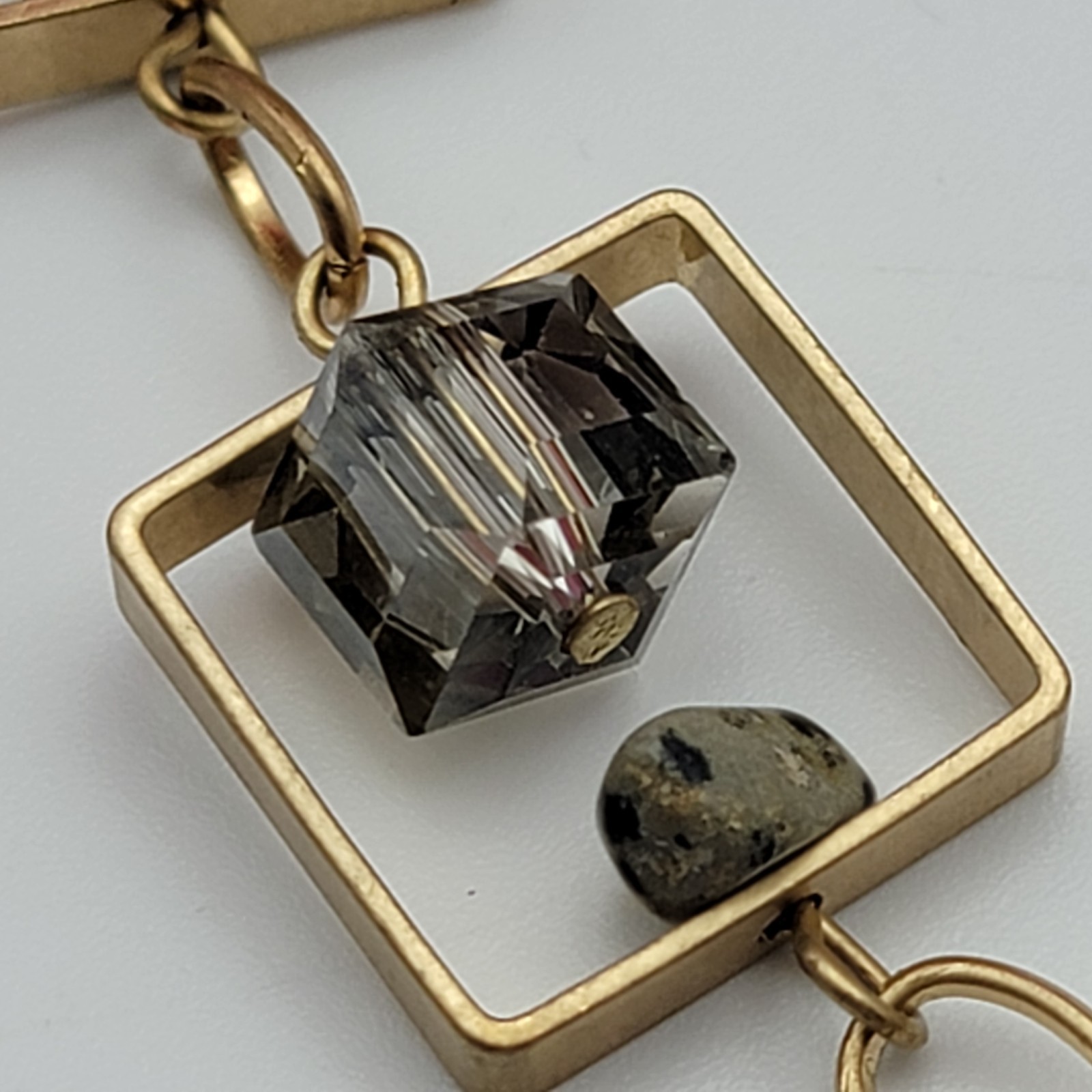Art Deco Multi Gemstone Charm Square Frame Link Chain Necklace Gold Tone 21″ Adj