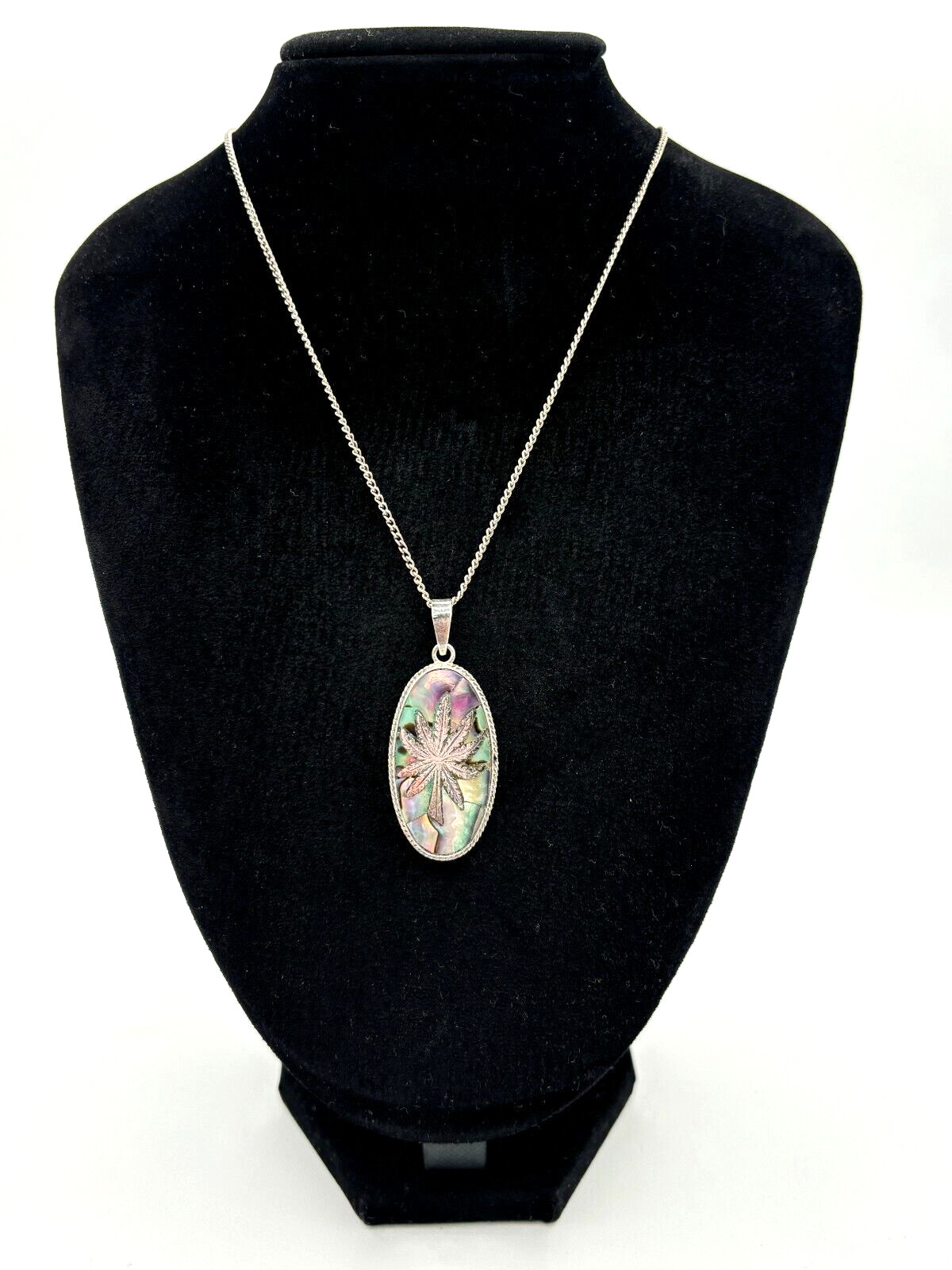 MidCentury Mexico Taxco Sterling Silver 925 Hemp & Abalone Pendant w/metal Chain