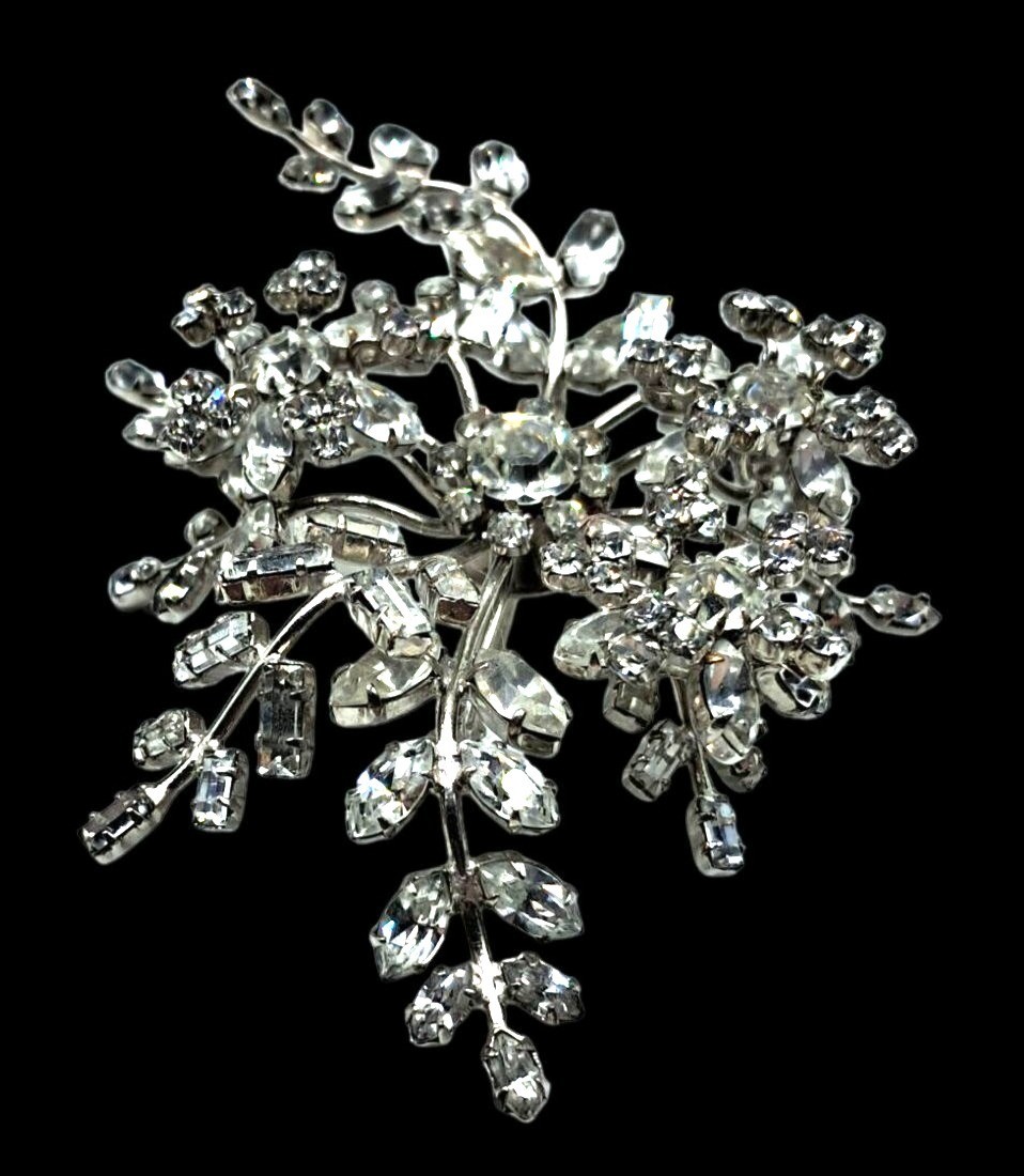 Vintage Rhinestone Floral Brooch Massive Pin Austria ? Costume Jewelry