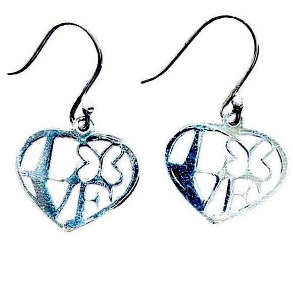 Sterling Silver Love in Heart Butterfly Hook Earrings ATI 925 Mexico Stamped