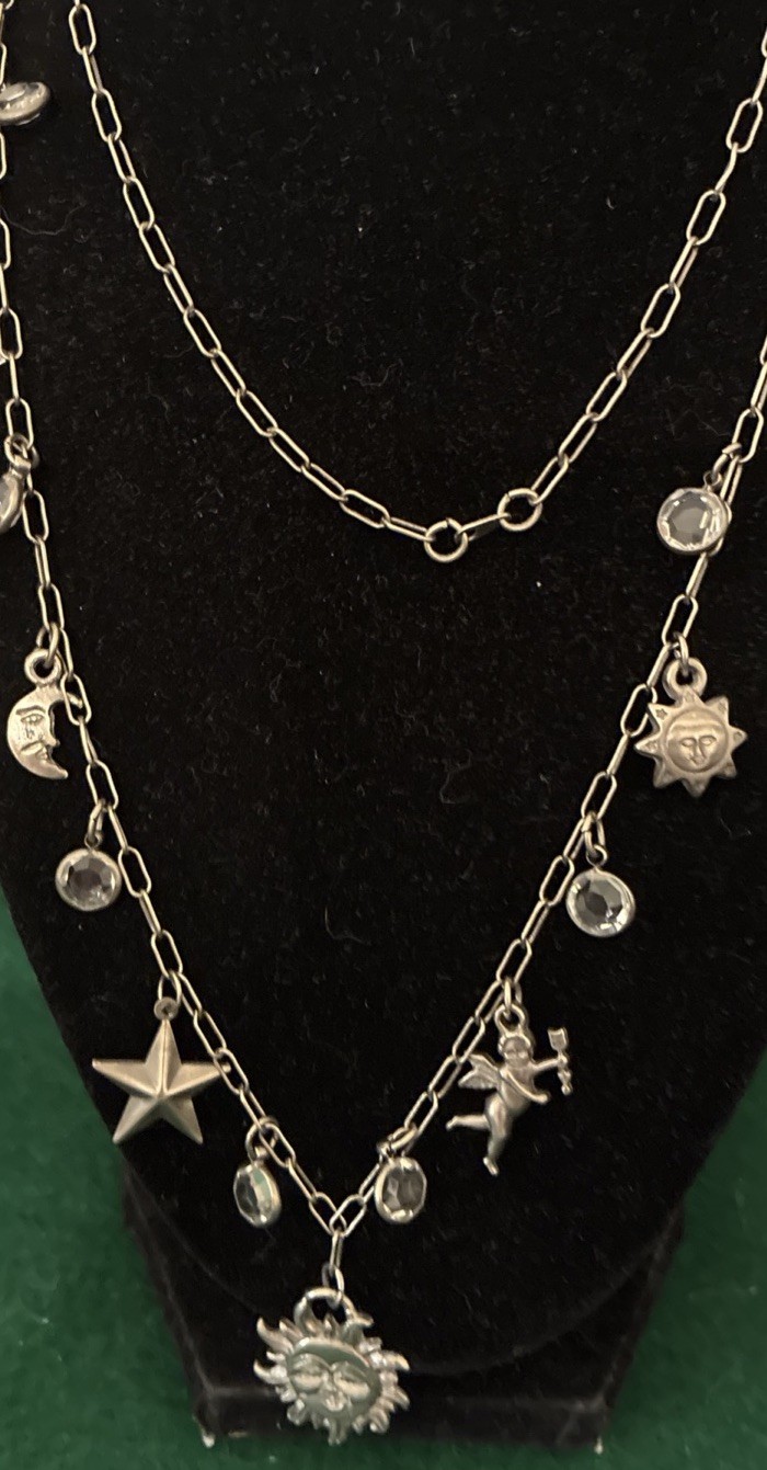 Vintage Silver 36” Celestial Necklace Sun Moon Stars Cupid Bevel Set Crystals