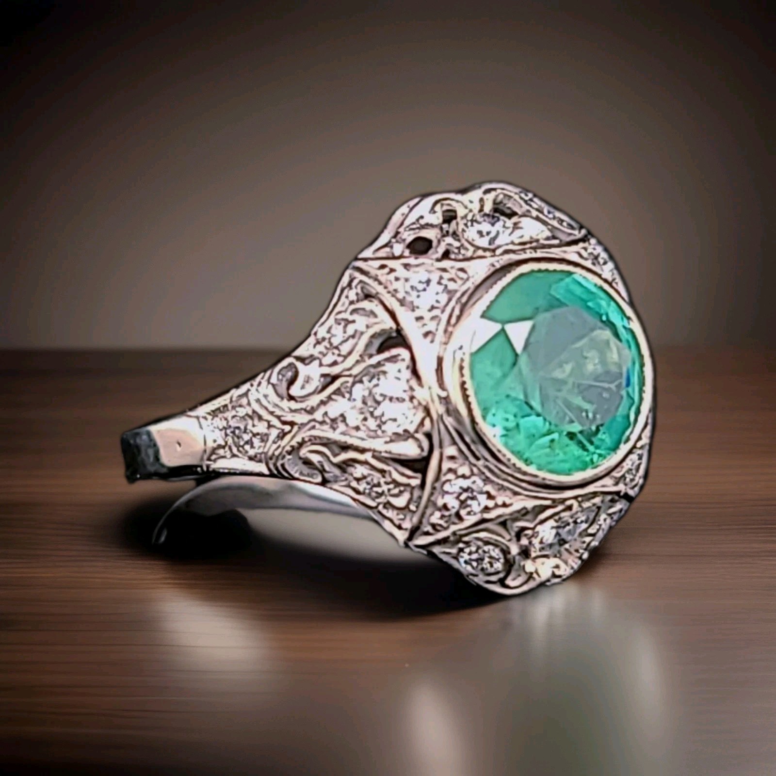Vintage 14k White Gold Engagement Ring 1.35CT. Natural Round Colombian Emerald