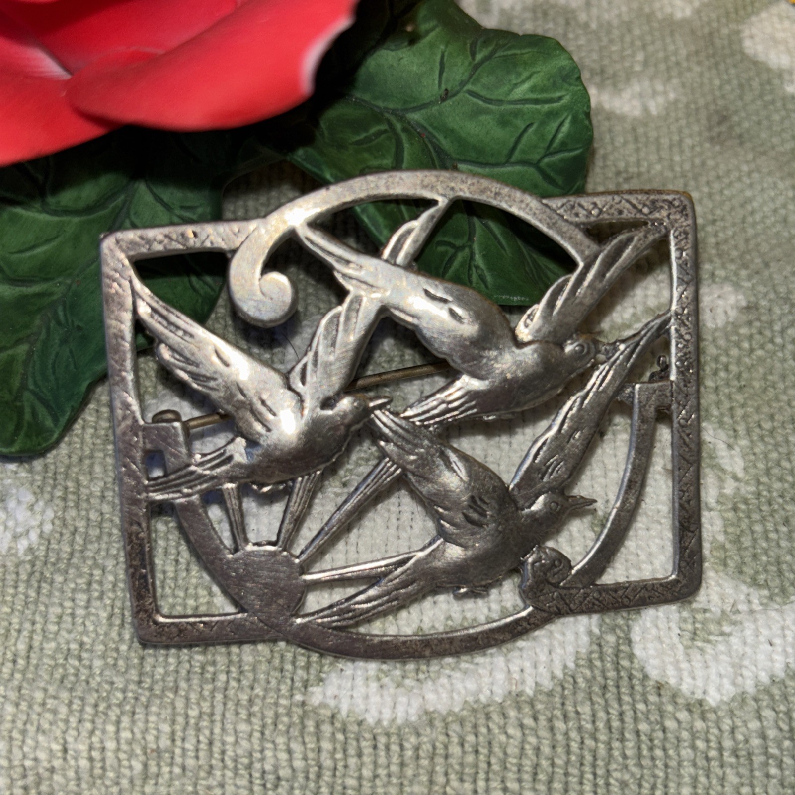 NORSELAND CORO(?) Silver Vintage Antique 3 Birds Brooch Pin Unmarked 2 1/4”x 2”