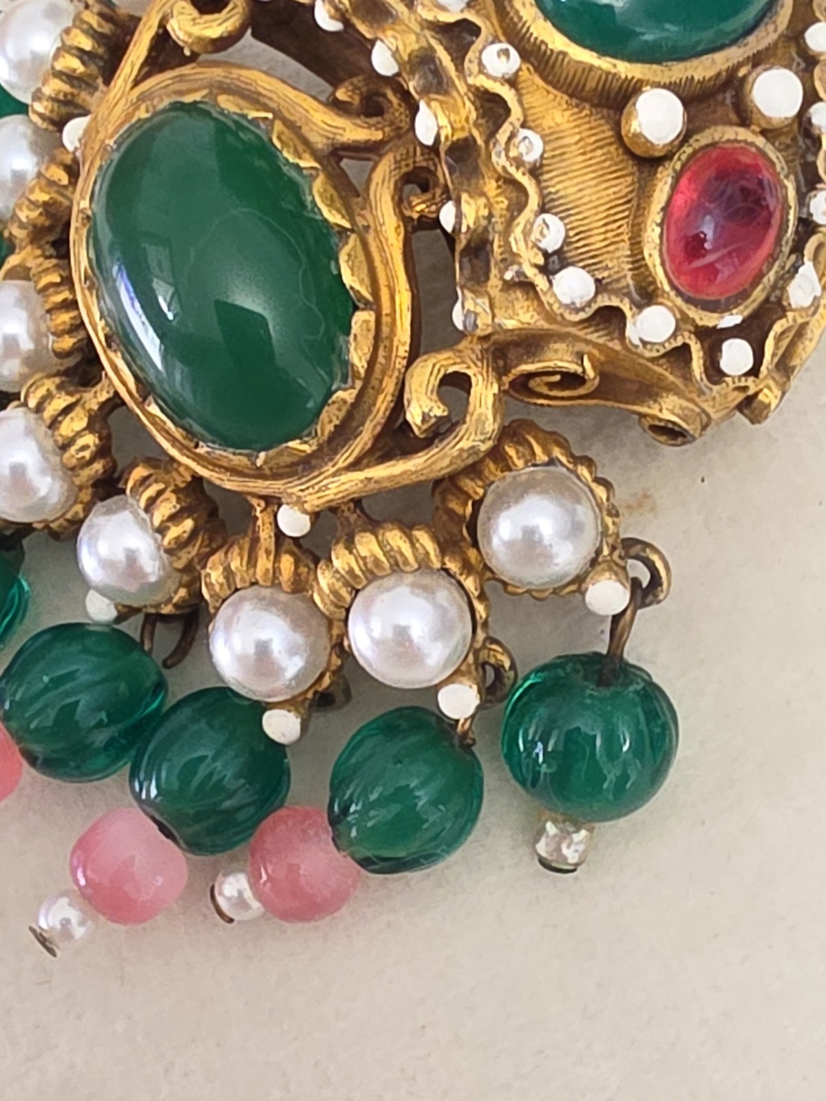 Vtg Signed KJL Jewels of India Mughal Crown Brooch Pendant Green Cabochon Rare