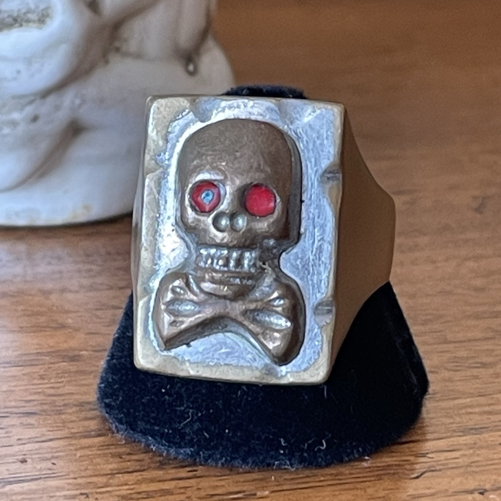 Vintage 1950s Mexican Biker Ring in Brass with Skull & Bones Cool Design Size 12
