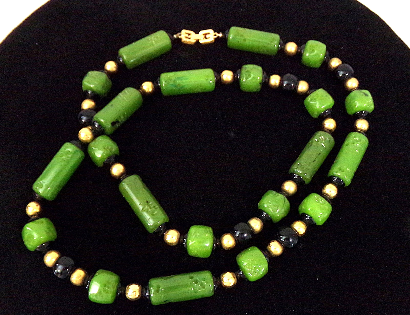 Vintage Givenchy Egyptian Revival Carved Green Faux Jade Lucite 32″ Necklace