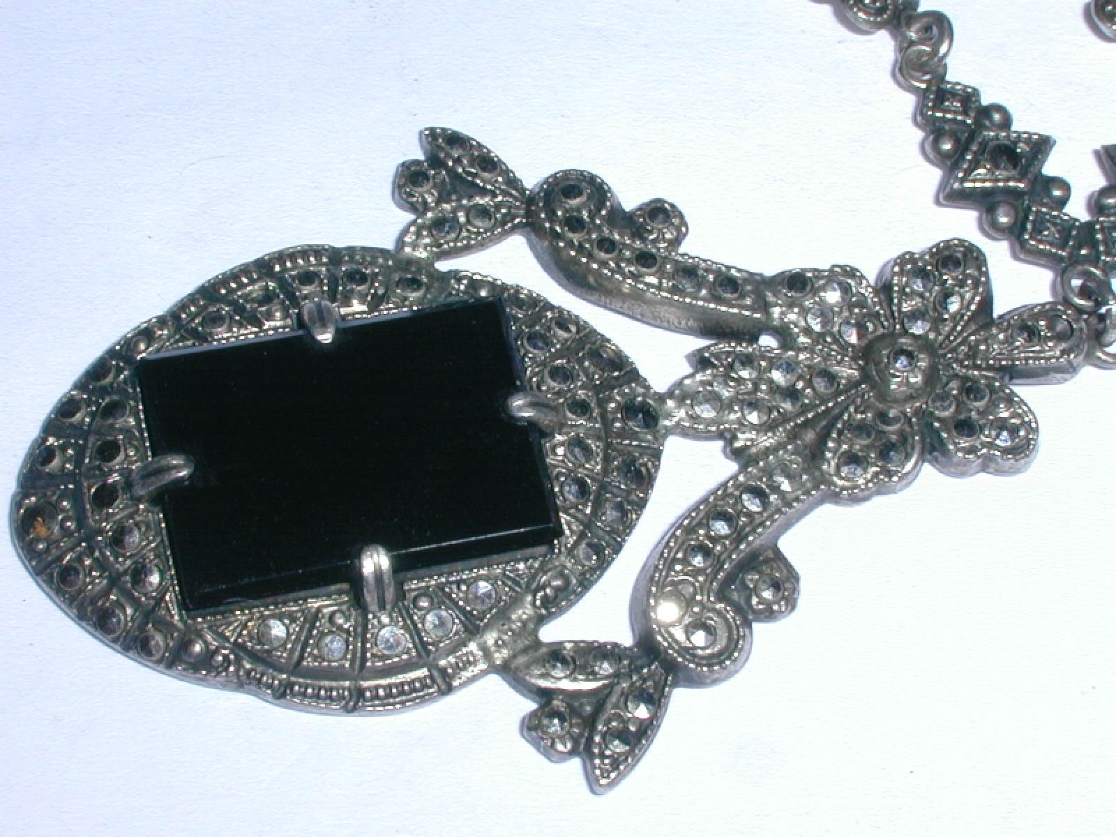STUNNING~ ART DECO STERLING BLACK ONYX HAND SET MARCASITE NECKLACE!