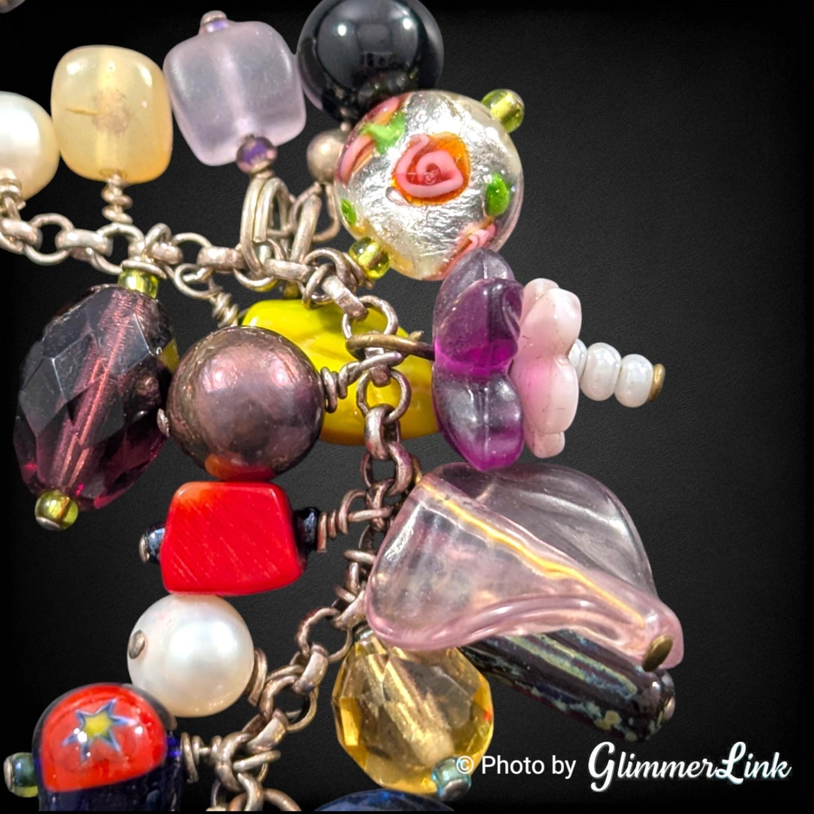 Vintage Artisan Cluster Bead Charm Bracelet Lampwork Glass Pearl Toggle