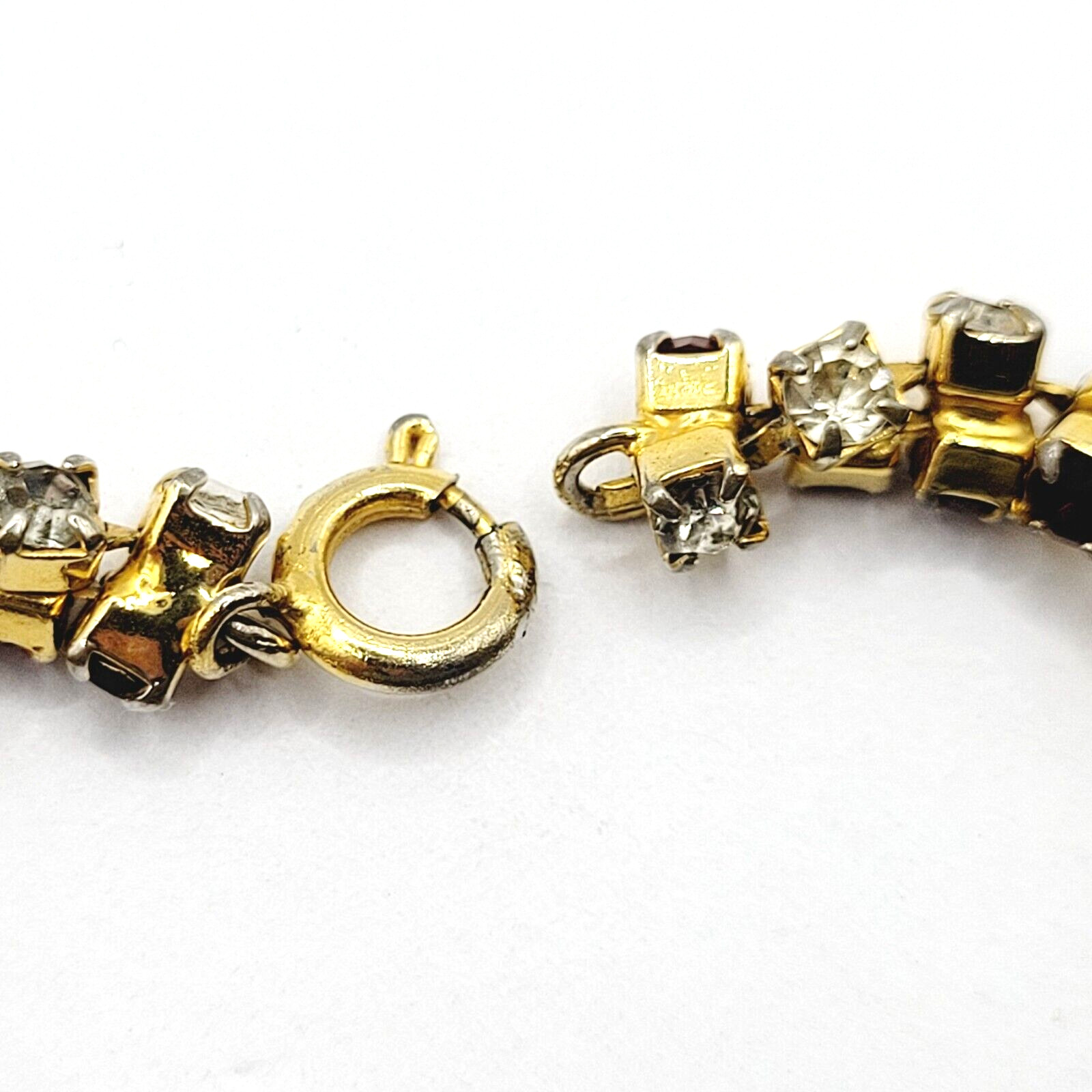 Unique Slightly Brutalist Style Gold Plated Bracelet Red White Rhinestone 7.5 In