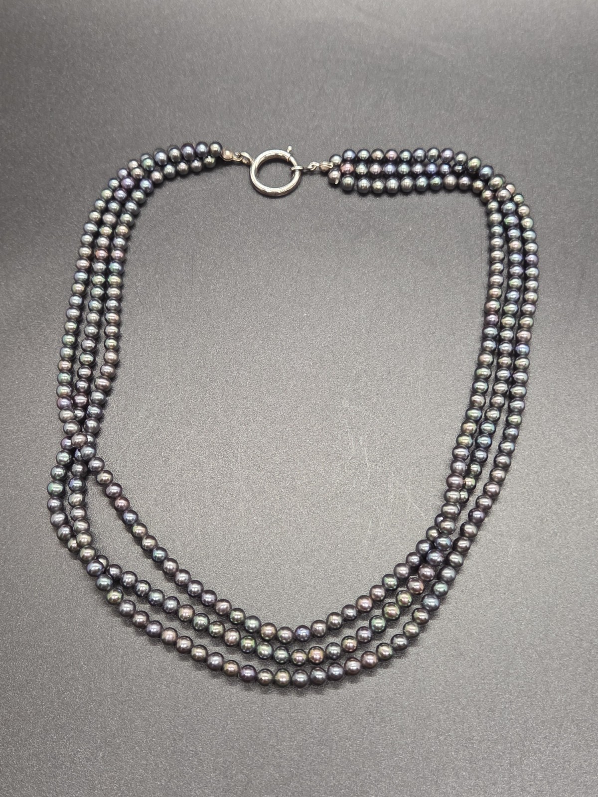 Vtg 3 Strand Purple Dark Grey Opalescent Pearl Necklace Sterling Silver Clasp 24