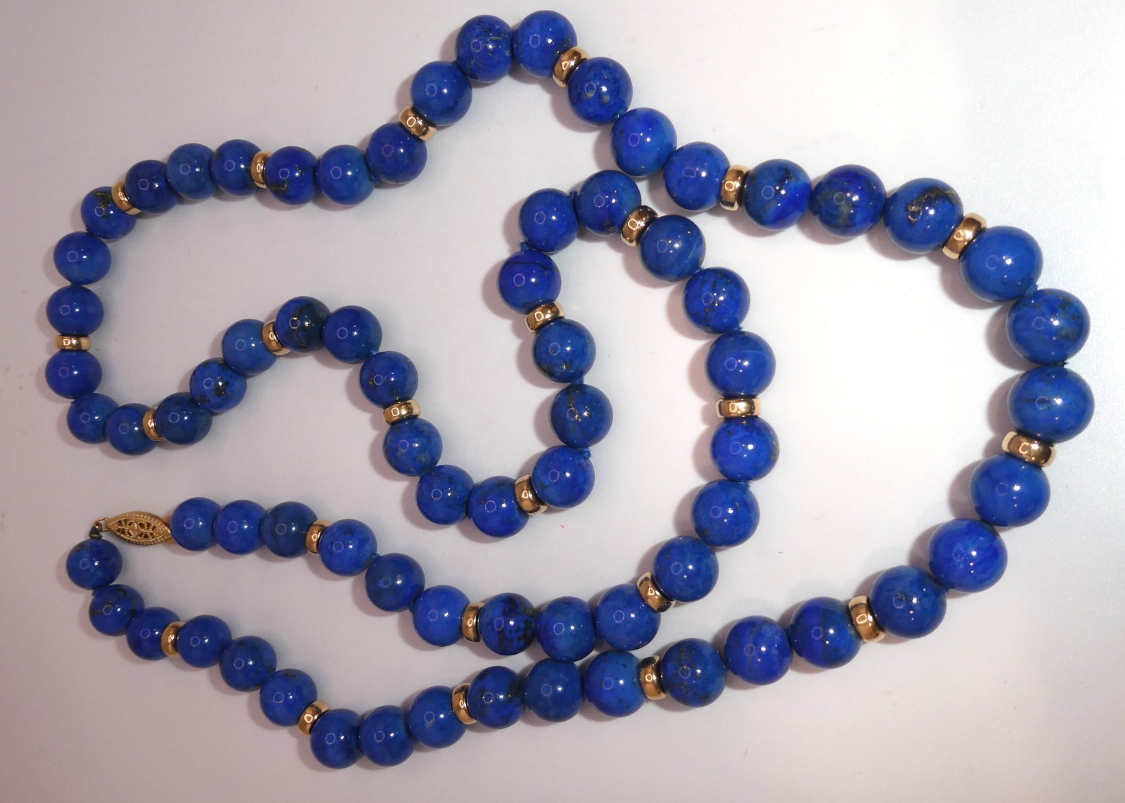 14K Gold 10mm Lapis Lazuli Beaded Necklace 106g – 32”l Opera 14K Rondelle Spacer