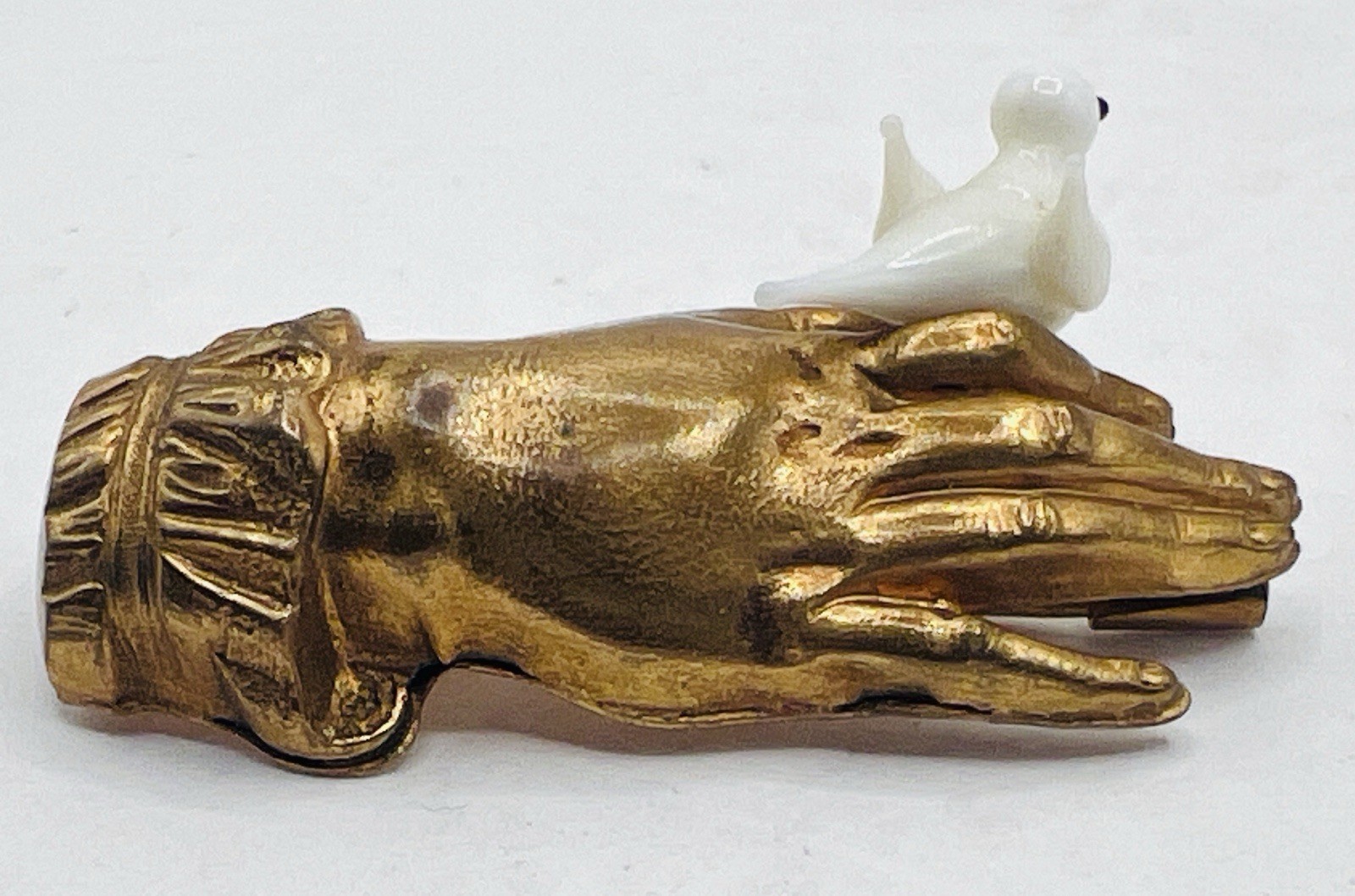 Art Deco Hand Pin / Brooch Holding Milk Glass Bird Figure – France