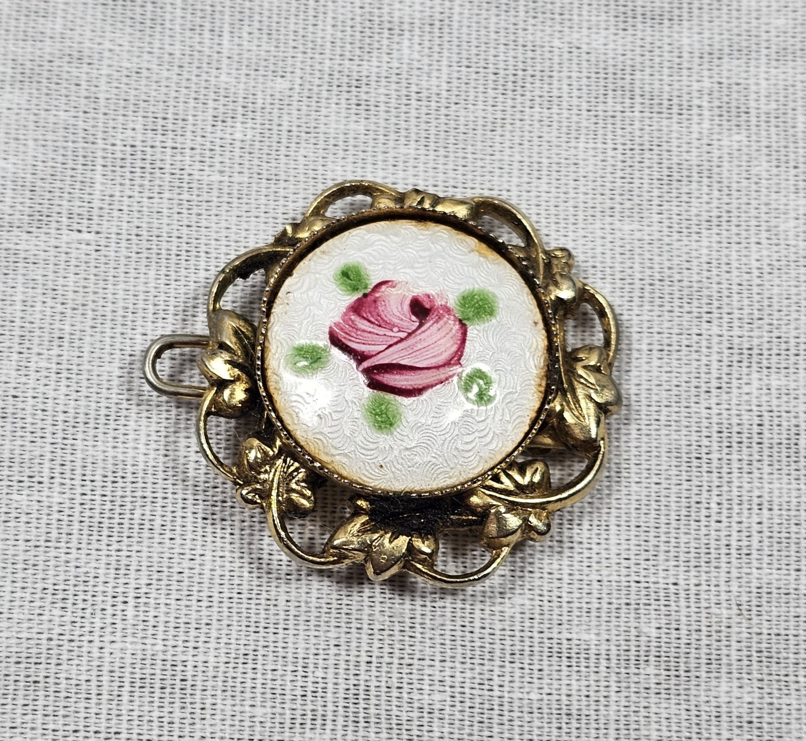 Vintage Enamel Rose Pin Cameo Style | 1″Diam | Looks Handpainted | Please Read