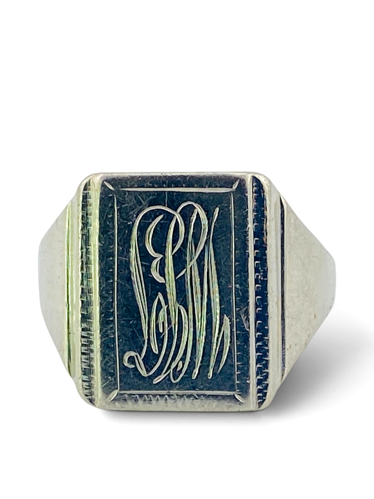 Vintage Steel Signet Ring Monogram LPM Hand Engraved Size 9.25