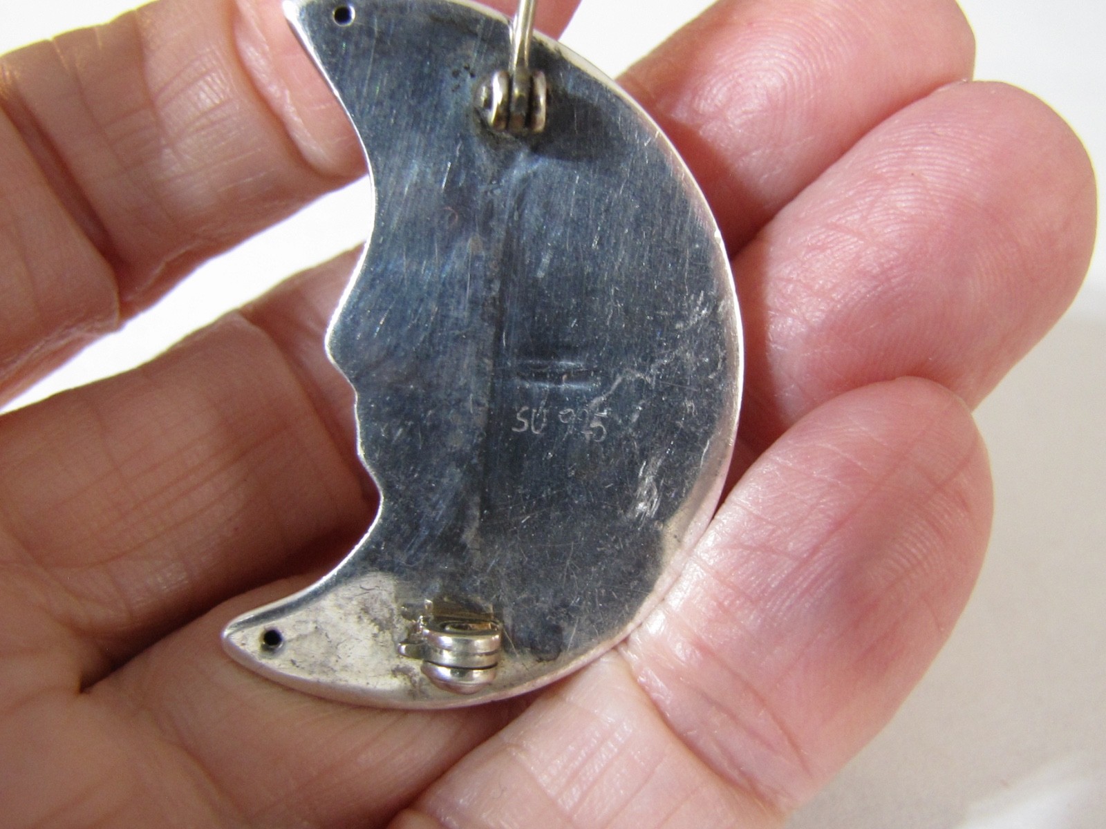 Sterling Silver Crescent Moon Pin Brooch Celestial Smiling Face Vintage SU 925