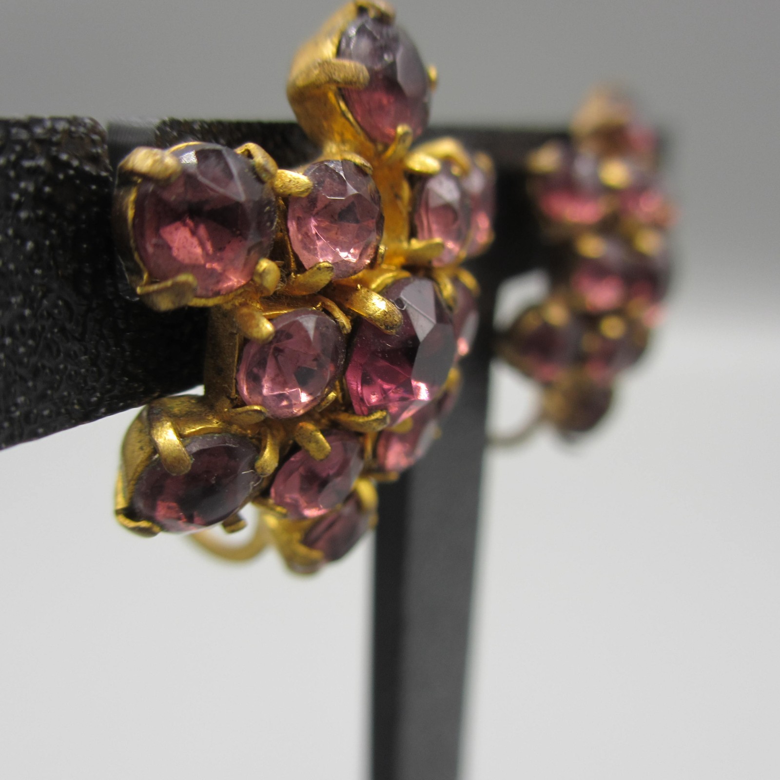 Vintage West Germany Earrings Rhinestone Cluster Purple Screwback