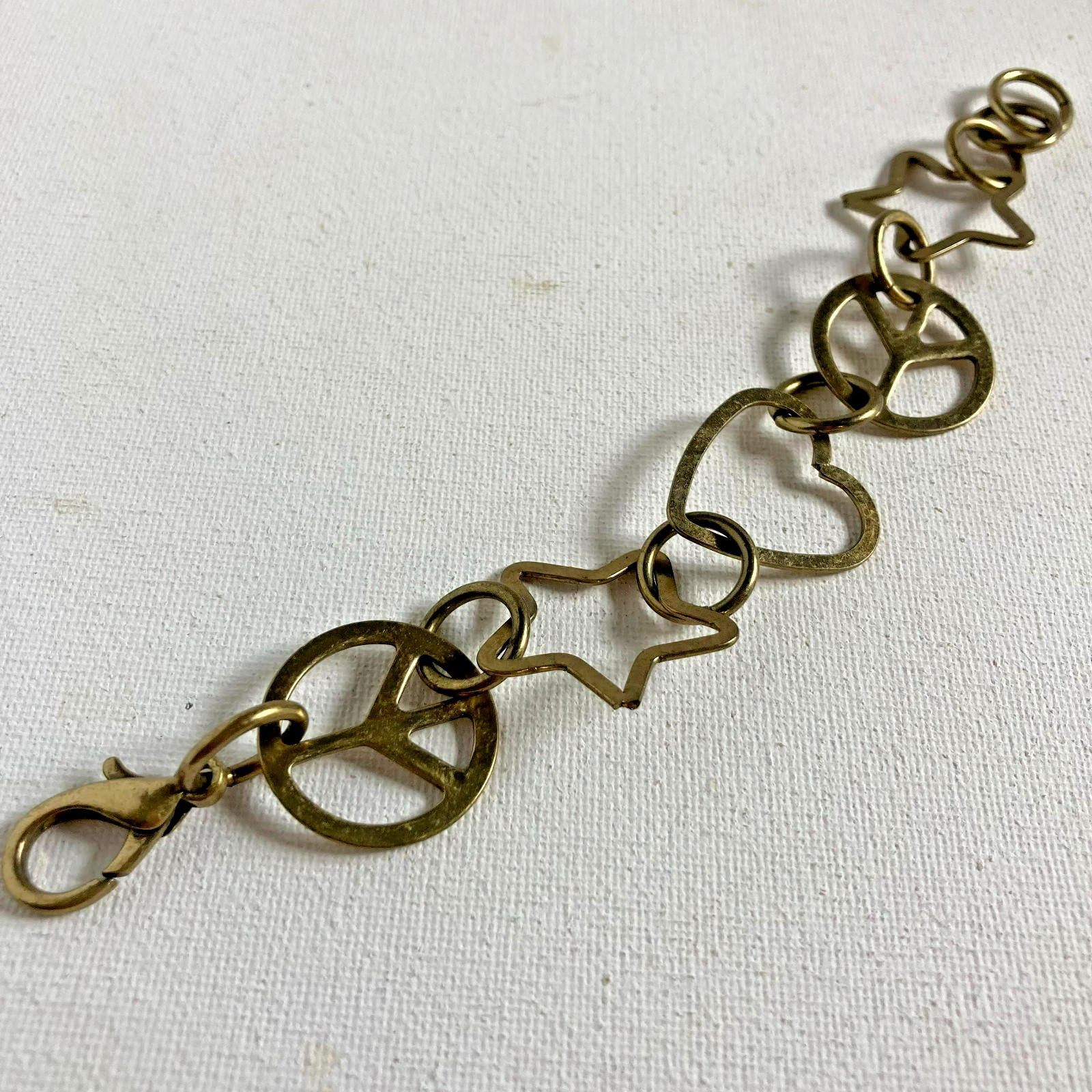 Bracelet Vintage Brass Chain of Hearts, Peace Signs and Stars 6.5″ Lobster clap