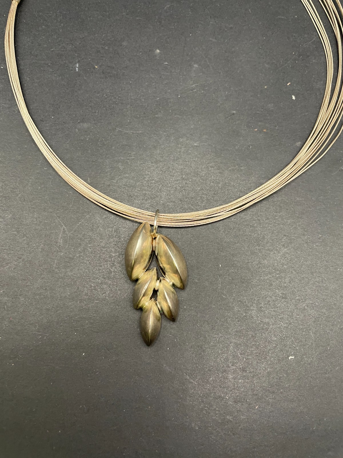 Vintage Silver Tone Multi-Cable Wire Collar Choker Solid Marquis Leaf Pendant
