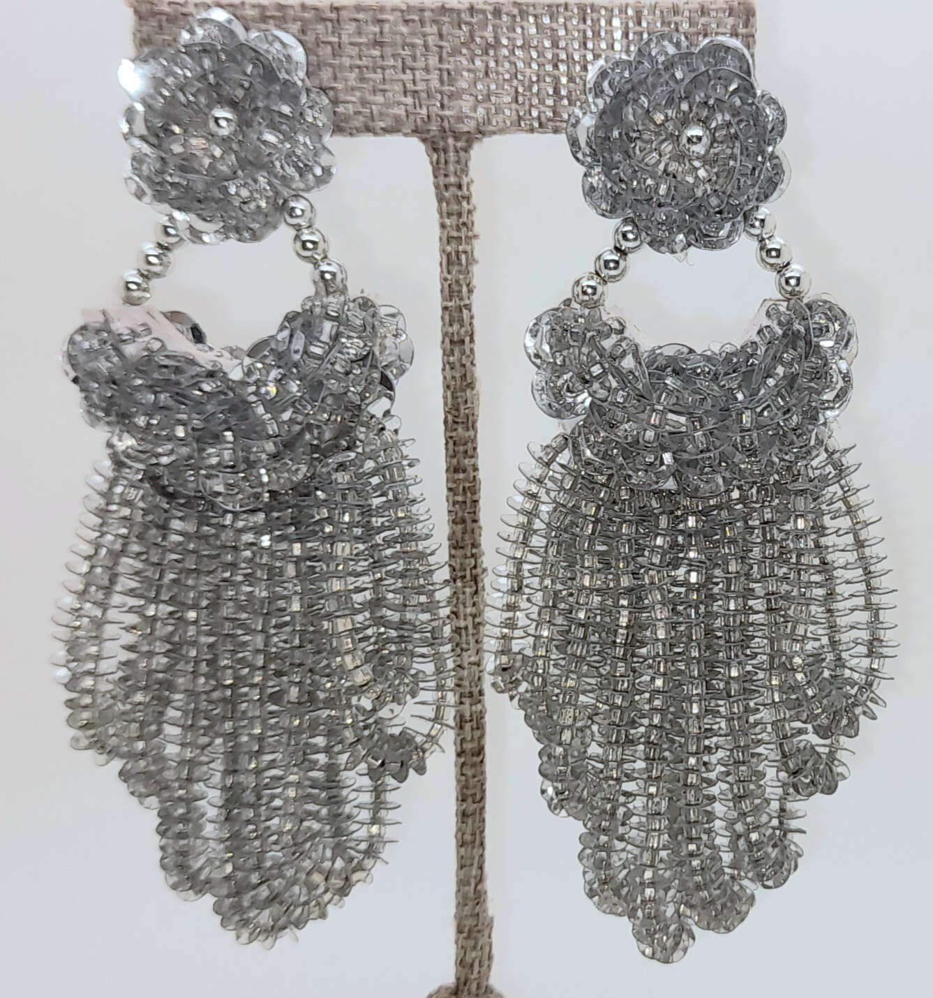 E304 Vintage long Handmade silver seed beaded sequins clip Drop fashion earrings